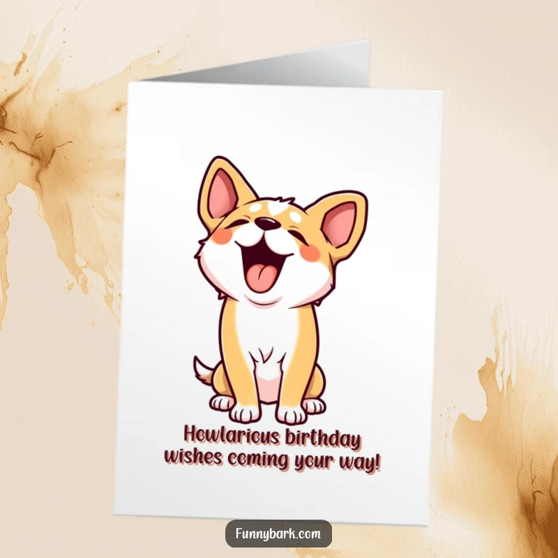 Funny free printable birthday card featuring a happy dog throwing its head back in a loud, playful howl of joy.