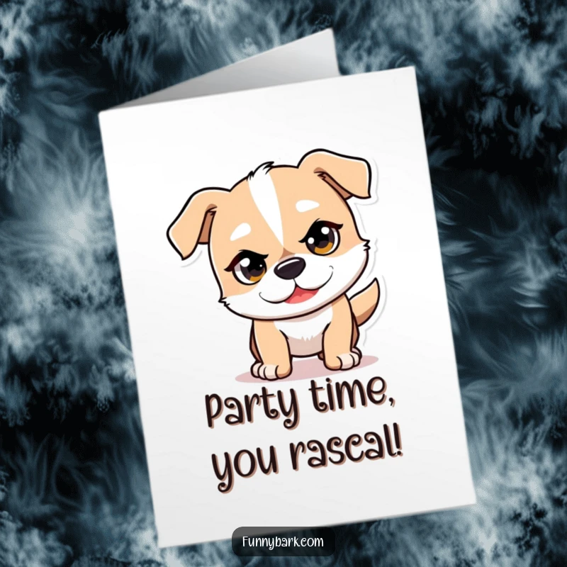Funny Free Printable Birthday Card showing a dog character with a mischievous glint, playfully pouncing forward with excitement.