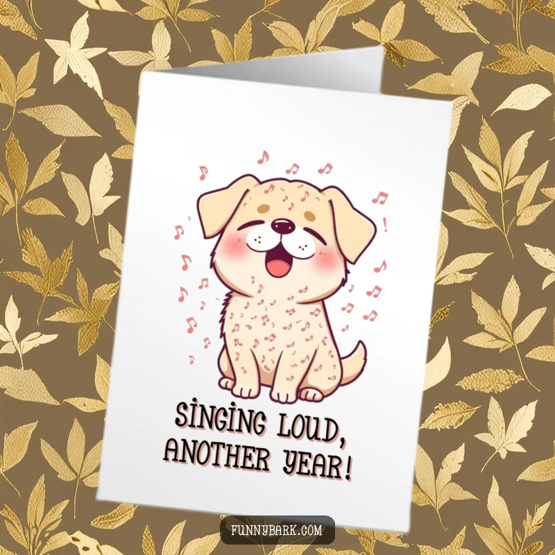 Funny Free Printable Birthday Card featuring a dog covered in musical notes, eyes closed, singing its heart out with joy.