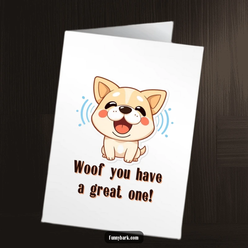 Funny free printable birthday card: A stylized dog with its mouth open, emitting sound waves, joyfully shouts Happy Birthday.