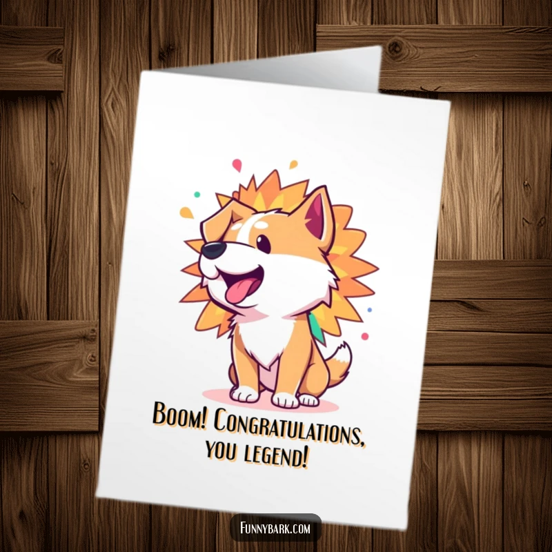 Funny Free Printable Congratulations Card: Dog's bark as a vibrant burst of energy, celebrating success, downloadable art.