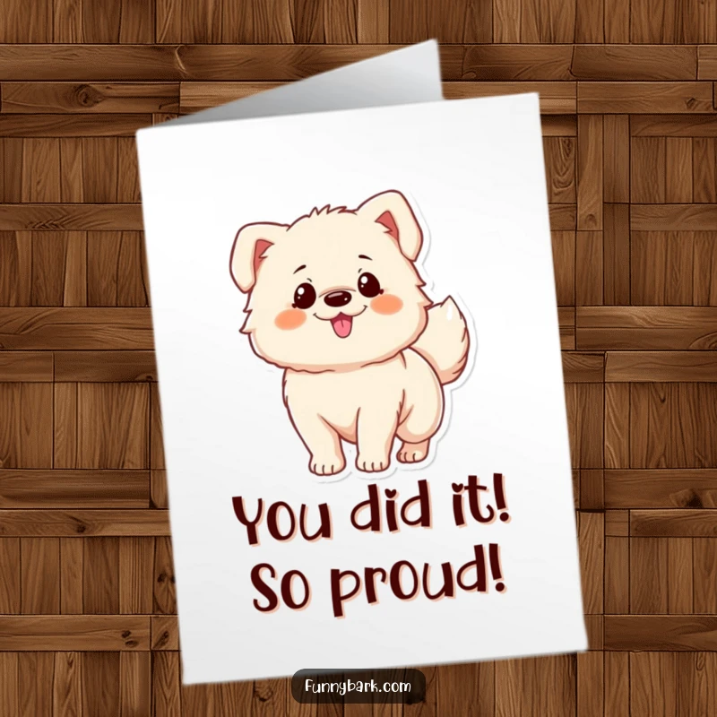 Funny Free Printable Congrats Card: A fluffy dog character with a furiously wagging tail, celebrating success.