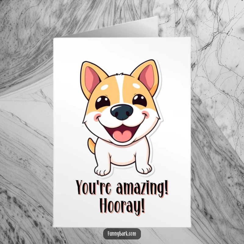 Funny Free Printable Congratulations Card featuring a dog's wide, excited grin, shouting congratulations with enthusiasm.