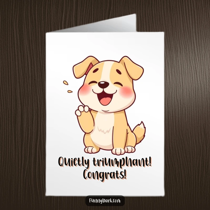 Funny Free Printable Congratulations Card showing a cartoon dog muffling a happy bark into its paw, capturing quiet excitement. Downloadable art.