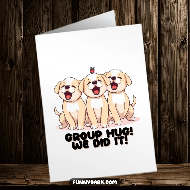 Funny Free Printable Congratulations card with a group of puppies barking joyfully in unison, tails wagging.