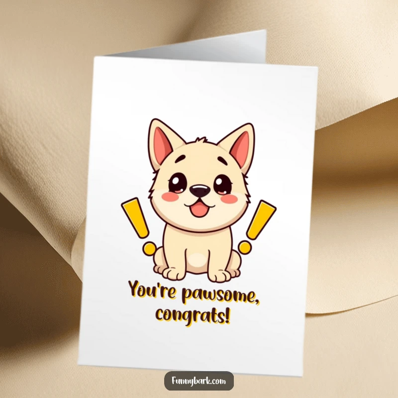 Funny Free Printable Congratulations Card: A happy dog bursting with energy, surrounded by numerous exclamation marks signifying great achievement.