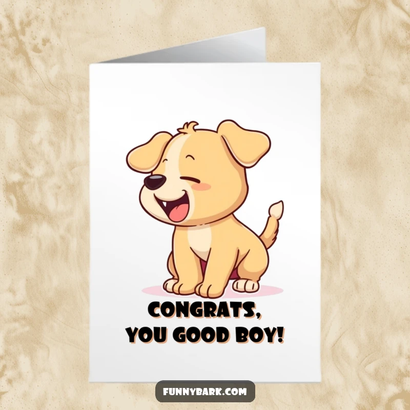 Funny free printable congratulations card featuring an ecstatic cartoon puppy wagging its tail and barking joyfully.