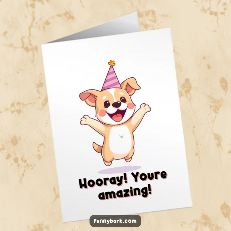Funny Free Printable Congratulations Card with a dog in a party hat jumping for joy, celebrating success.