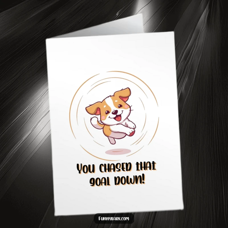 Free Printable Funny Congratulations Card: A dizzy dog happily spins chasing its tail in celebration.