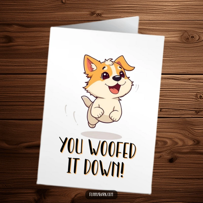 Funny Free Printable Congratulations Card: A dog character running with wind-swept fur, barking happily to celebrate an achievement.