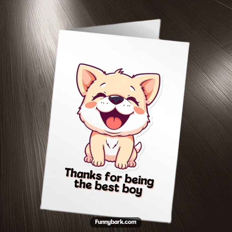 Funny free printable thank you card of a small dog character barking with unrestrained, joyful exuberance.