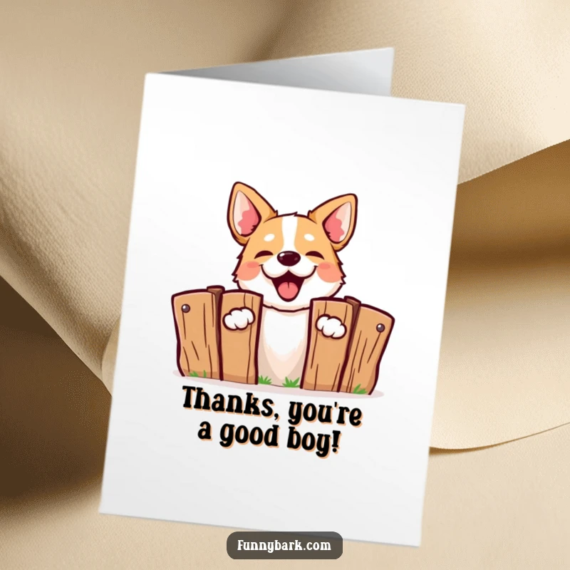 Funny Free Printable Thank You Card: A dog excitedly peeking from behind a fence and barking out thanks.