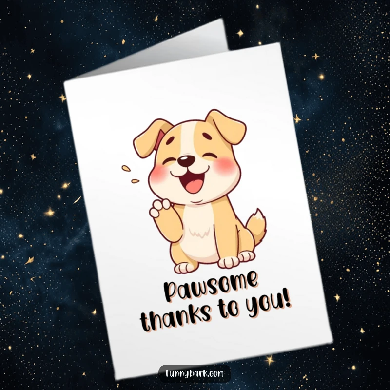 Funny Free Printable Thank You Card of a cute dog muffling a happy bark into its paw, conveying sweet gratitude. Downloadable gift.