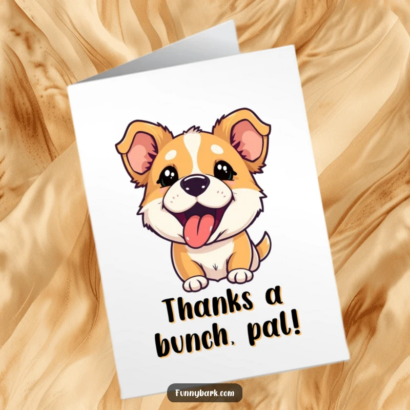 Funny Free Printable Thank You Card: Dog ears perked, tongue out, barking playfully, expressing thanks, DIY downloadable gift.