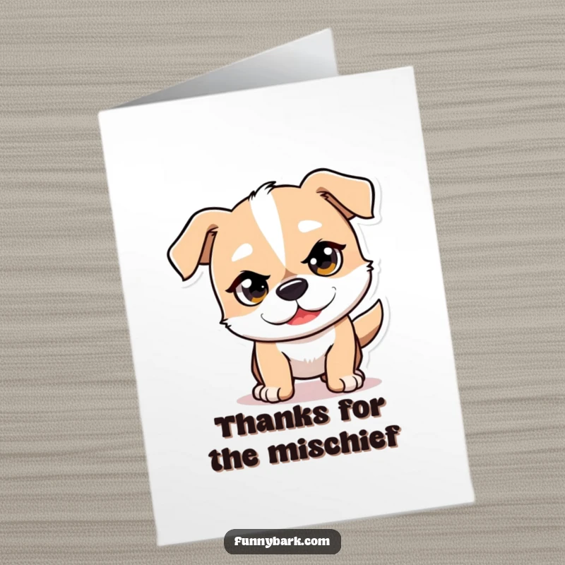 Funny Free Printable Thank You Card depicting a mischievous dog character playfully pouncing forward to express thanks.