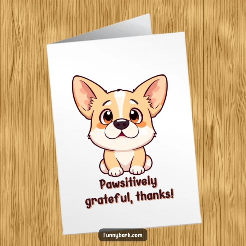 Funny free printable thank you card: a dog with a startled expression and ears perked high, conveying thanks with adorable surprise.