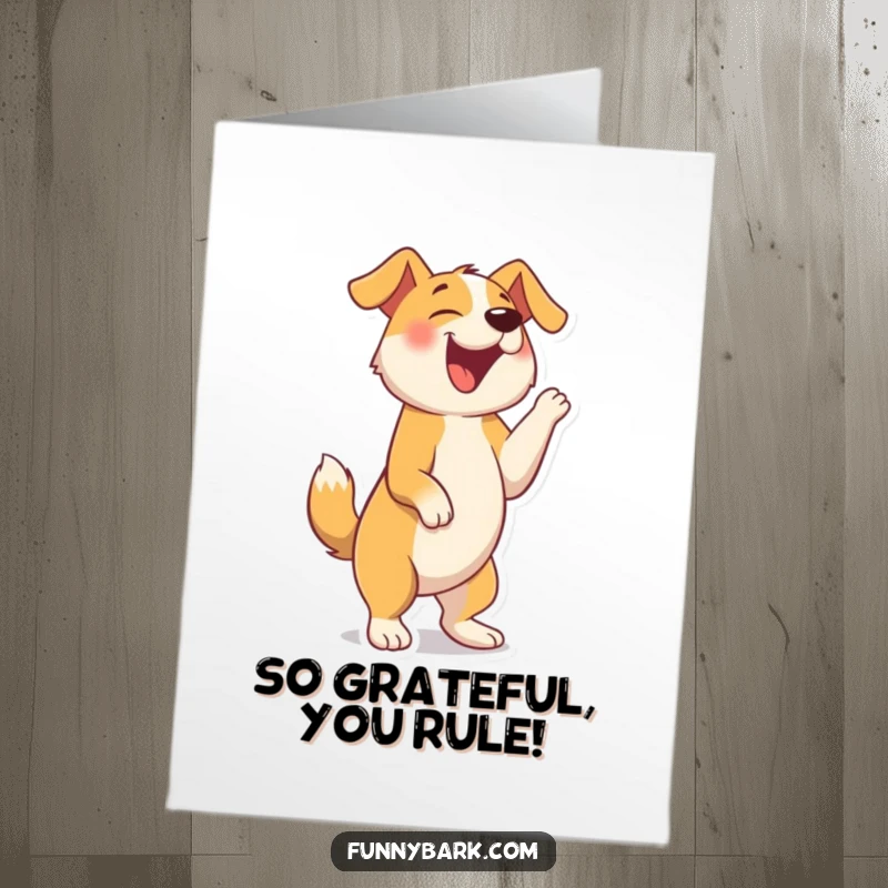 Funny Free Printable Thank You Card: Dog on hind legs barking enthusiastically, expressing thanks, DIY downloadable gift.