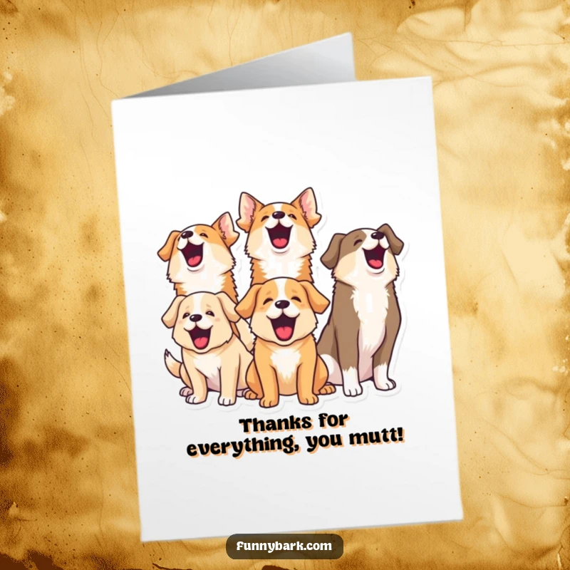 Funny Free Printable Thank You Card: Dogs barking together in harmony, expressing gratitude, DIY downloadable gift.