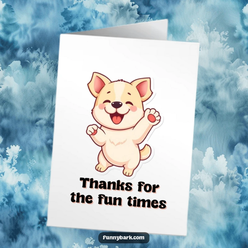 Funny Free Printable Thank You Card: A playful dog captured in a joyful jump, one paw comically extended.