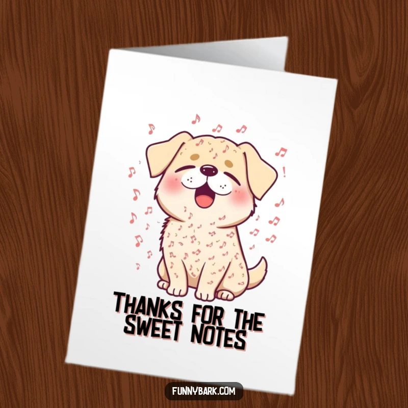 Funny Free Printable Thank You Card: A dog surrounded by musical notes, eyes shut, belting out a tune of appreciation. Easy print.