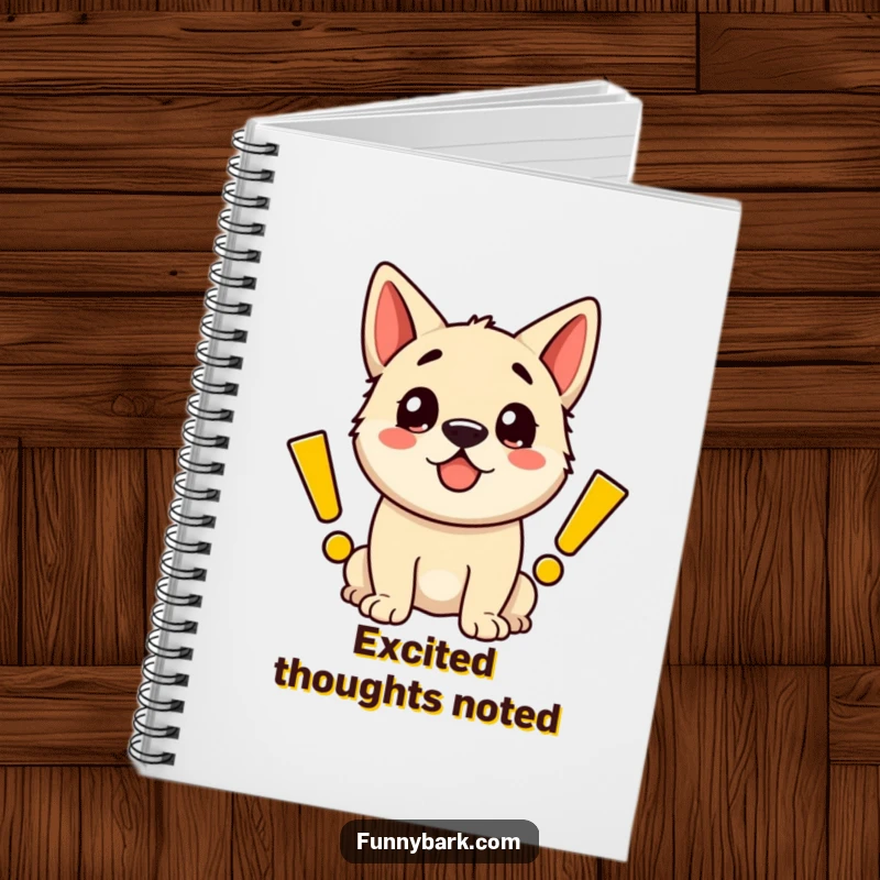 Funny notebook cover with an ecstatic dog emitting large, cartoon exclamation marks, inspiring energetic and happy notes.
