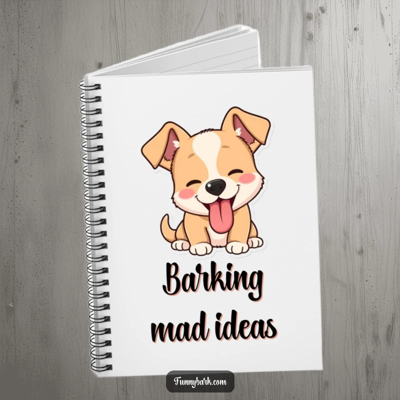 Funny dog barking notebook, showing a dog mid-bark with excited ears and lolling tongue, perfect for jotting down funny ideas.
