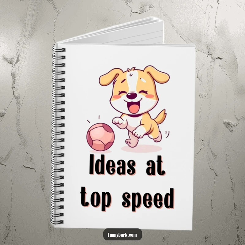 Funny dog with determined expression, eagerly chasing a rolling ball, on a ruled notebook cover.