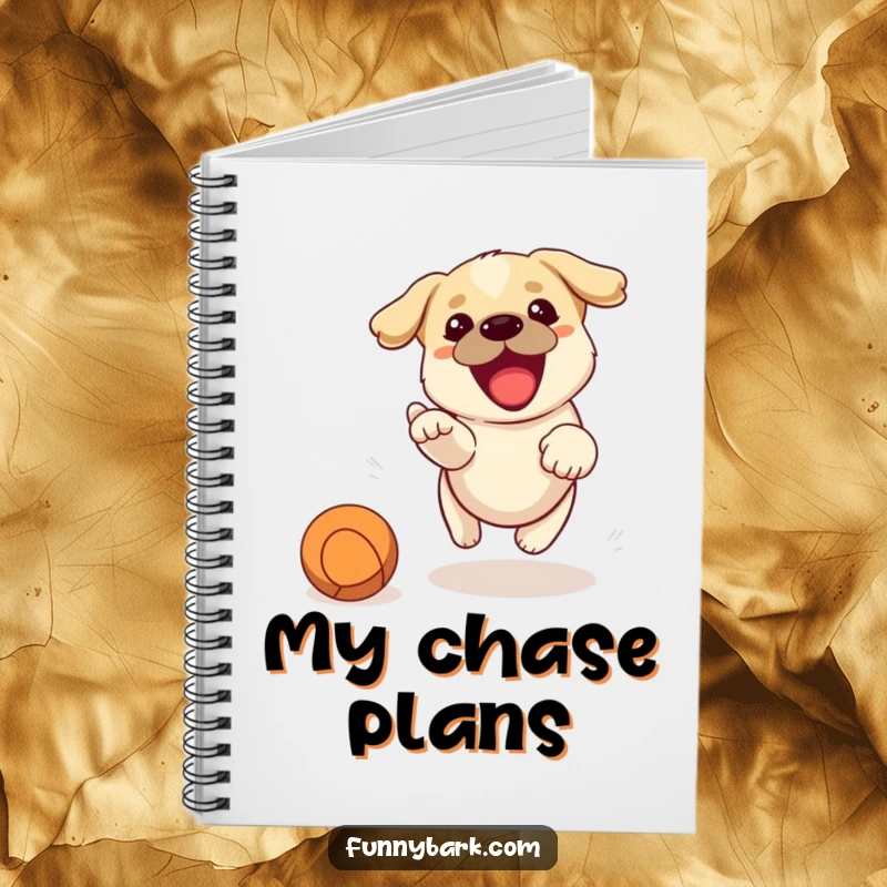 Funny notebook cover with an energetic dog barking with enthusiasm while chasing a flying ball, inspiring playful notes.