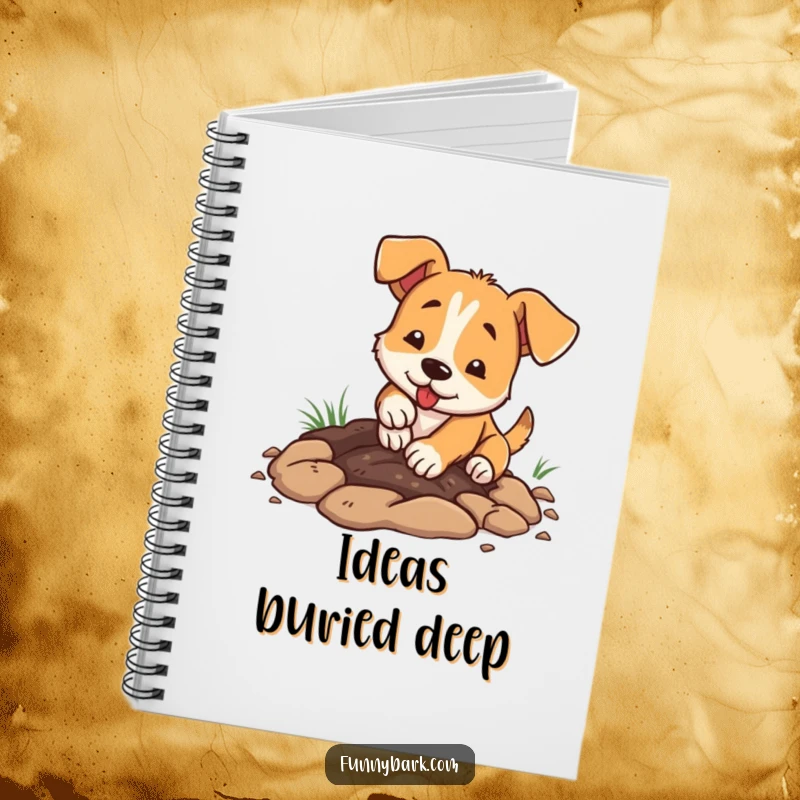 Funny dog notebook, cover art shows a dog enthusiastically digging a hole with its paws, dirt flying.
