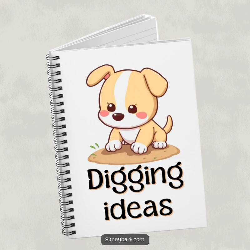 Funny dog notebook cover featuring a happy dog digging a hole, perfect for jotting down notes with a playful spirit.
