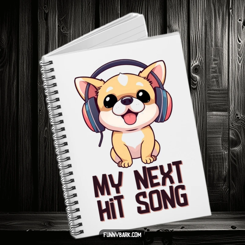 Funny dog with oversized headphones, bobbing head, on a notebook cover, ideal funny gift for note-takers.