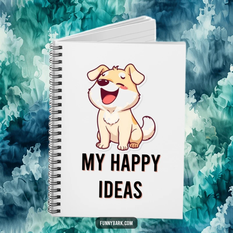 Funny notebook with a dog character barking ecstatically and wagging its tail, perfect for jotting down thoughts with humorous joy.