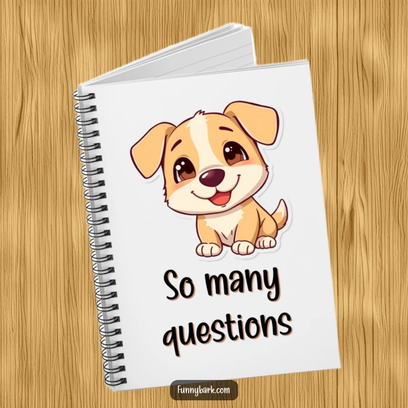 Funny Dog Notebook with a curious dog tilting its head, ideal for note-taking and journaling, a wonderfully funny gift.