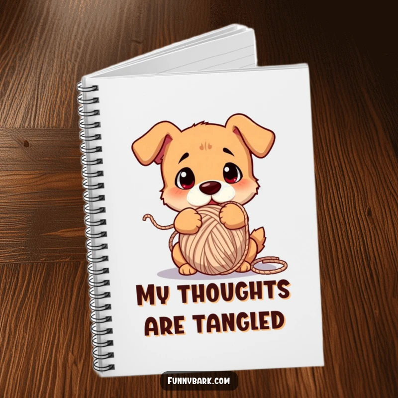 Funny dog notebook, cover art shows a dog comically tangled in a ball of yarn, looking confused.