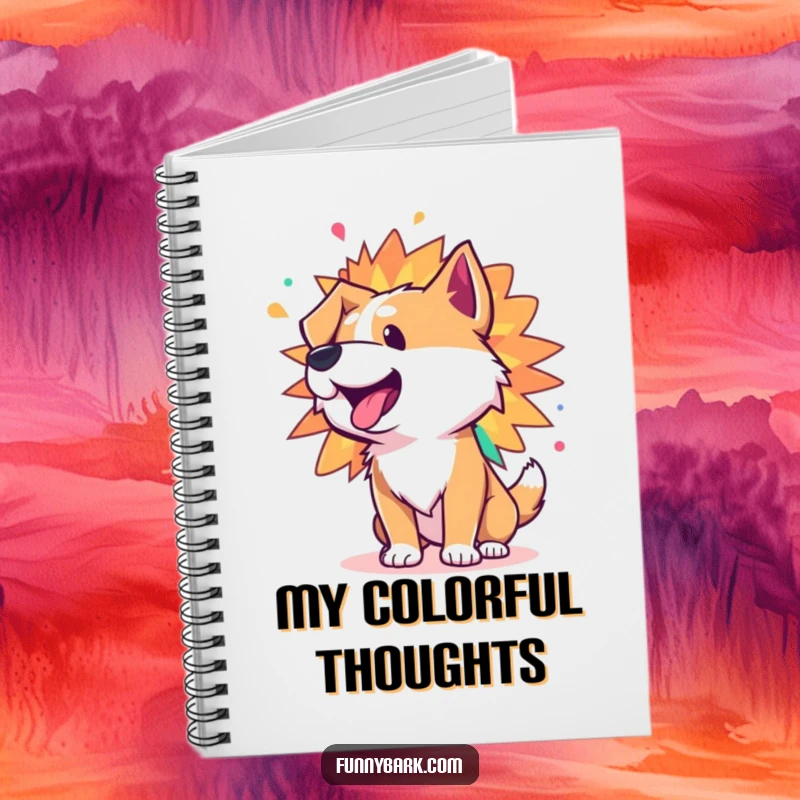 Funny notebook with a dog character whose bark is a spectacular, colorful burst of vibrant, joyful energy, perfect for ideas.