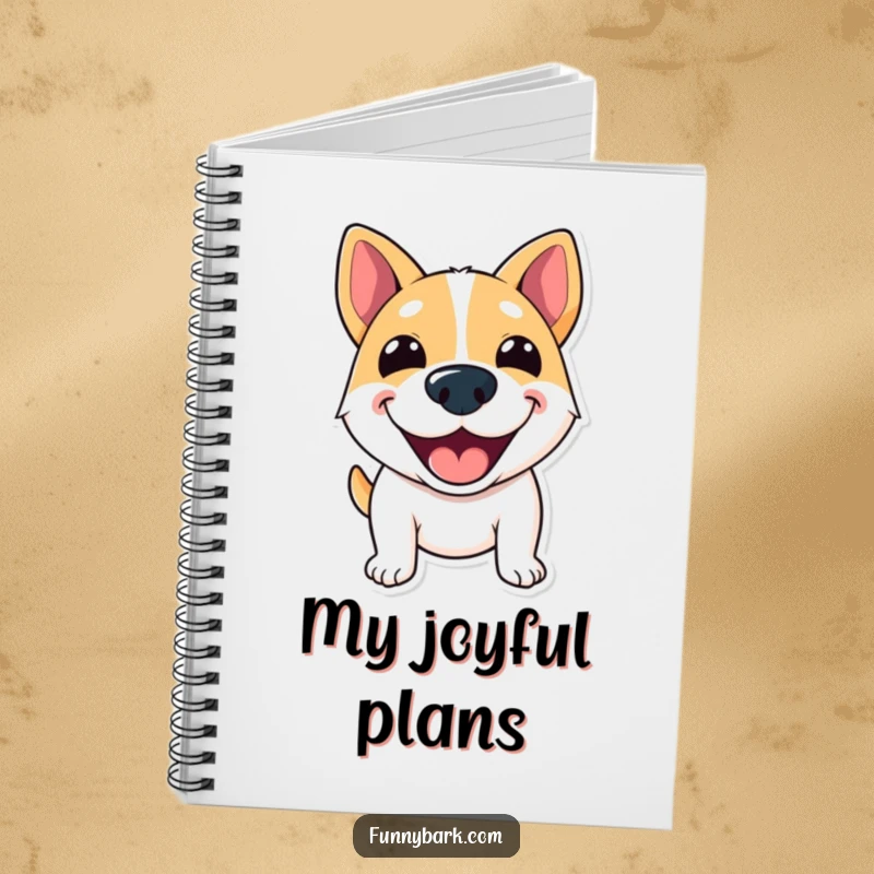 Funny Notebook with a dog with a wide, excited grin, appearing to shout greetings, great for writing.
