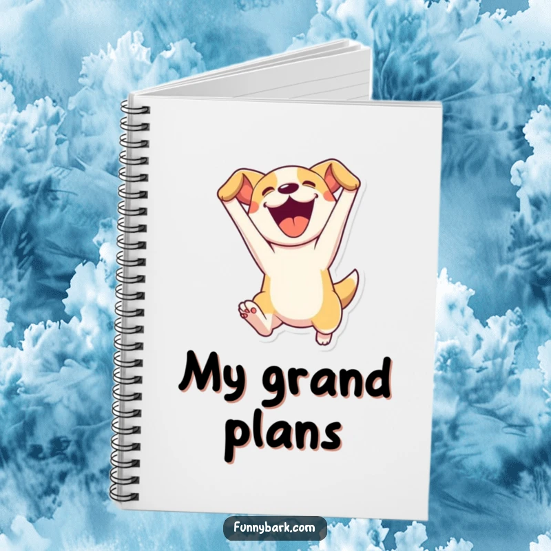 Funny notebook with a dog character leaping enthusiastically with mouth open, inspiring energetic ideas and joyful note-taking.
