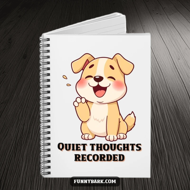 Funny notebook featuring a cartoon dog with a muffled bark into its paw, ideal for jotting down thoughts and secrets.