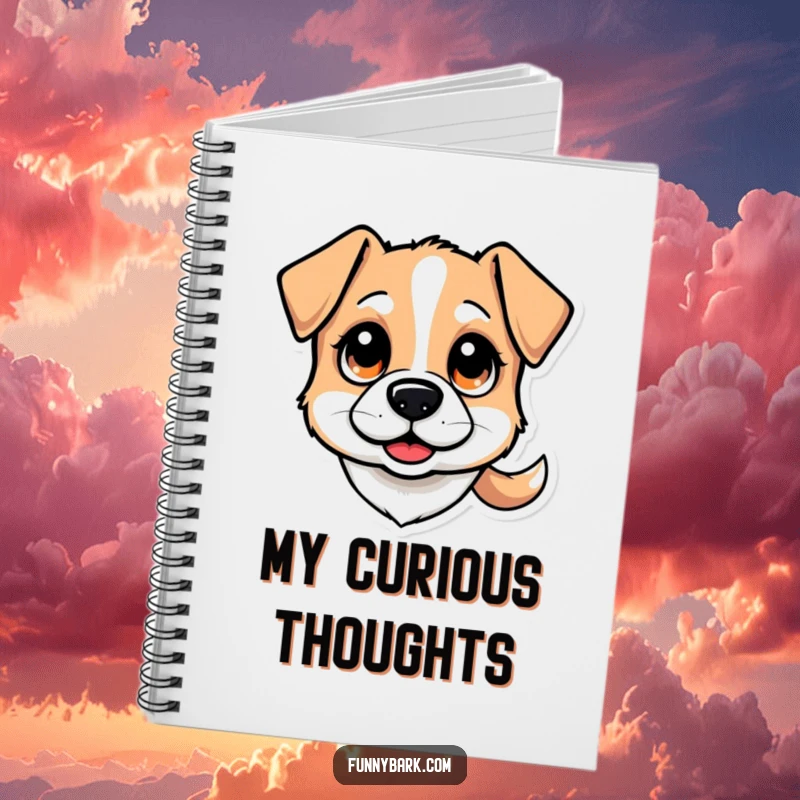 Funny notebook: A stylized dog head with wide, curious eyes and a wagging tail, inspiring notes and observations, a funny gift.