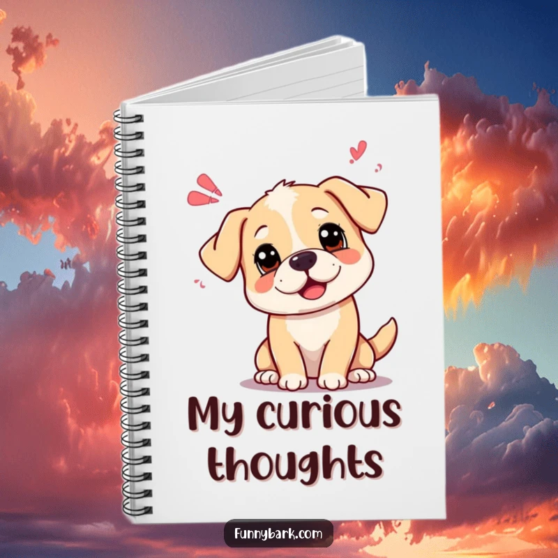 Funny curious dog notebook with head tilted, emitting playful sound waves, perfect for thoughtful note-taking.