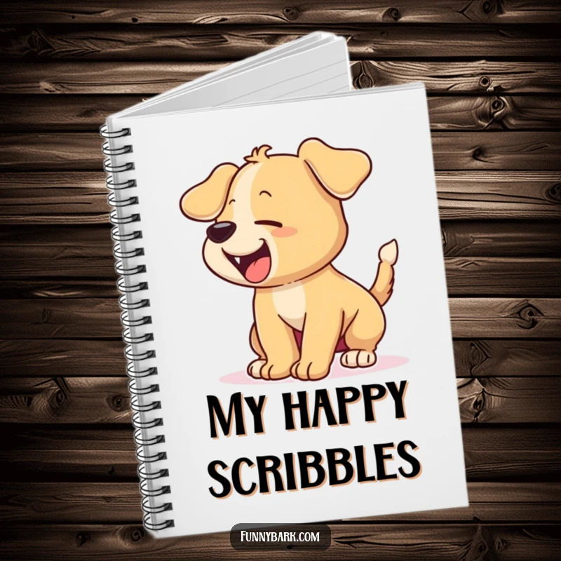 Funny notebook with a cartoon puppy whose tail is a blur, barking excitedly, ideal for jotting down notes with a humorous touch.