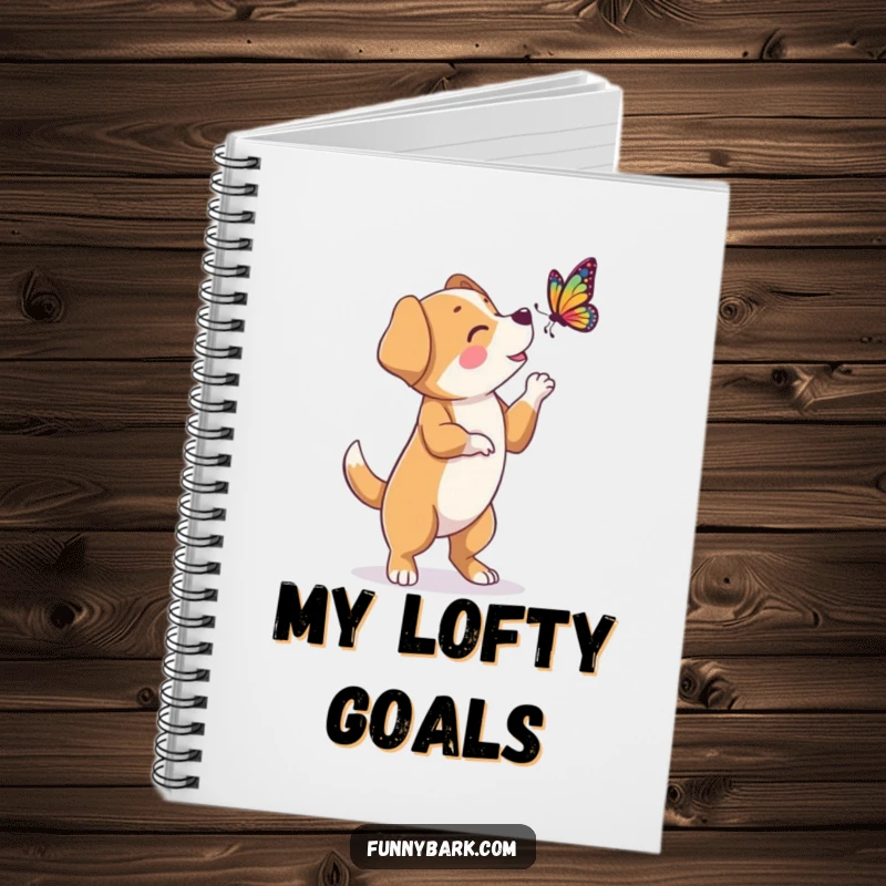 Funny notebook with a dog character on hind legs, barking at a butterfly, perfect for jotting down funny observations.