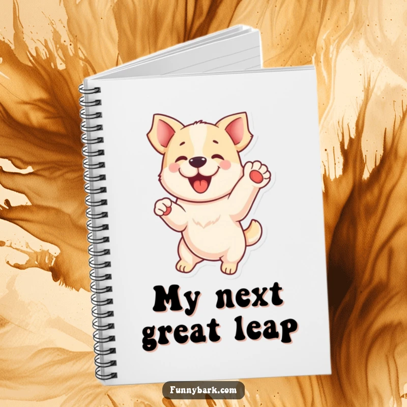 Funny notebook: A playful dog mid-jump with a paw raised, symbolizing energetic ideas and creativity, a funny gift.