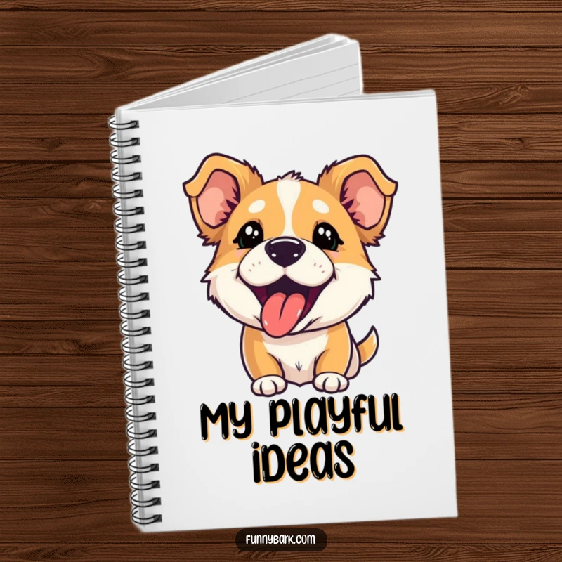 Funny notebook with a dog character, ears perked and tongue out, hilariously mid-playful bark, perfect for ideas.