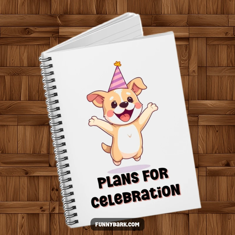 Funny party dog notebook with a tiny hat, showing a dog jumping with excitement, ready for festive note-taking.