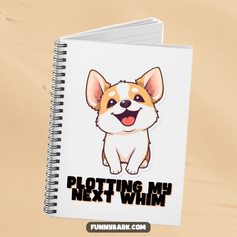 Funny notebook cover with a dog's head tilted, ears alert, energetically yipping, perfect for jotting down thoughts and ideas.