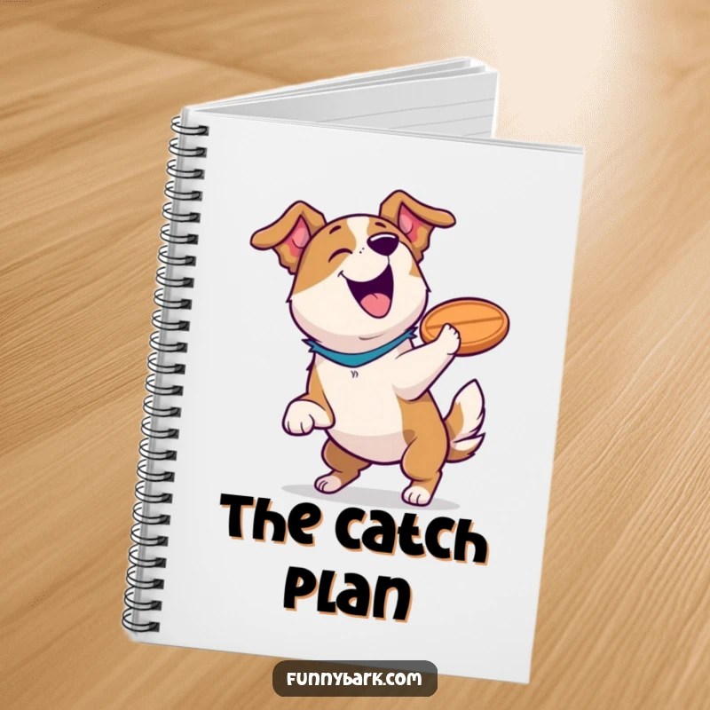 Funny dog notebook showing a triumphant dog barking with a frisbee, perfect for capturing funny notes and ideas.