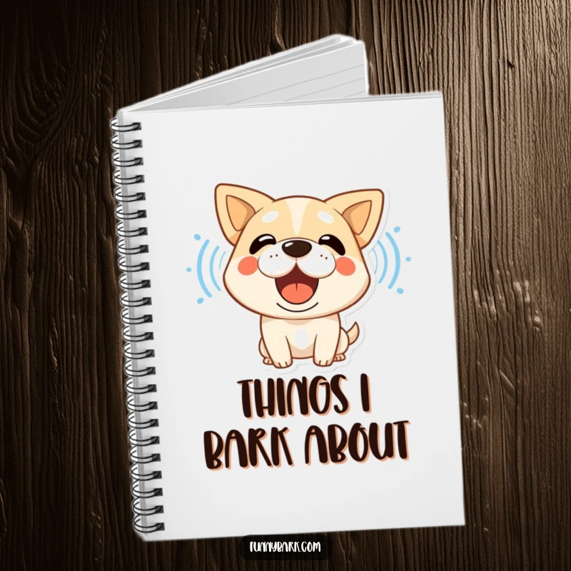 Funny dog notebook with a stylized character barking, its sound waves visible, perfect for jotting down loud ideas.