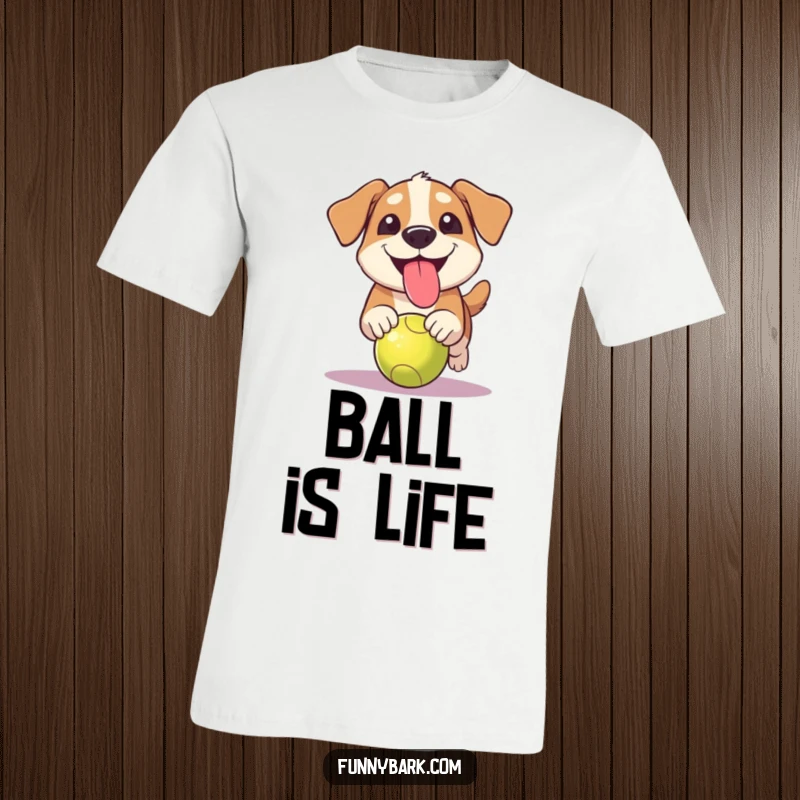 Funny grinning dog t-shirt featuring a dog with its tongue hanging out, comically chasing a ball with glee.