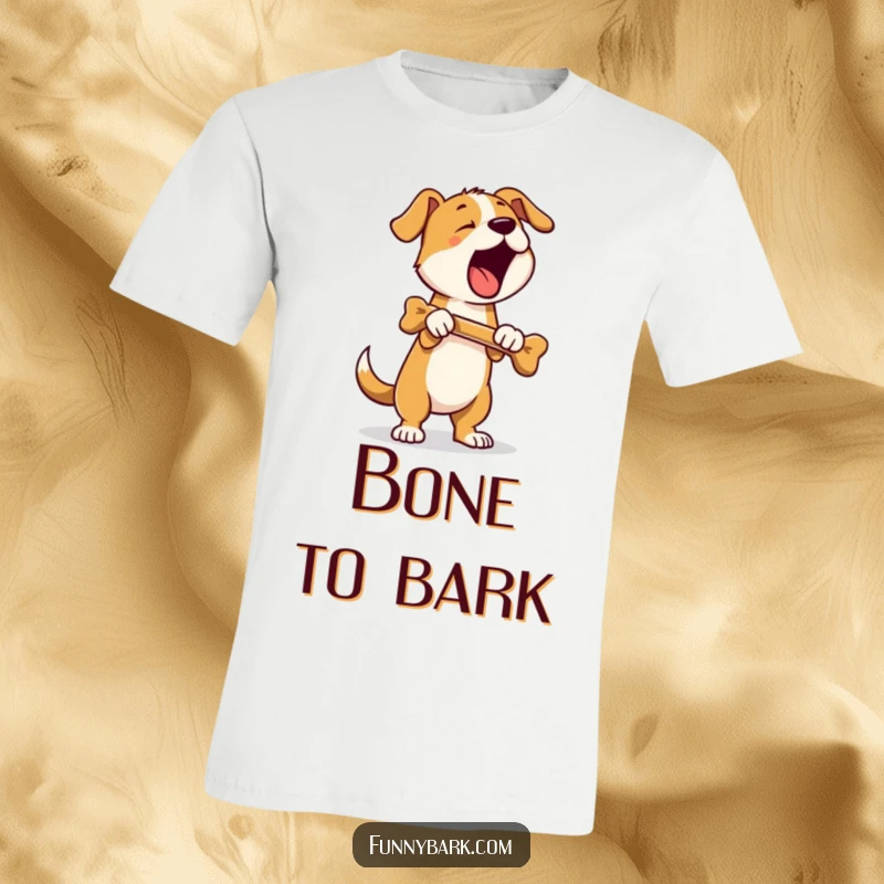 Funny t-shirt of a dog standing on hind legs, holding a bone, and barking; captures a humorous and lively dog spirit.